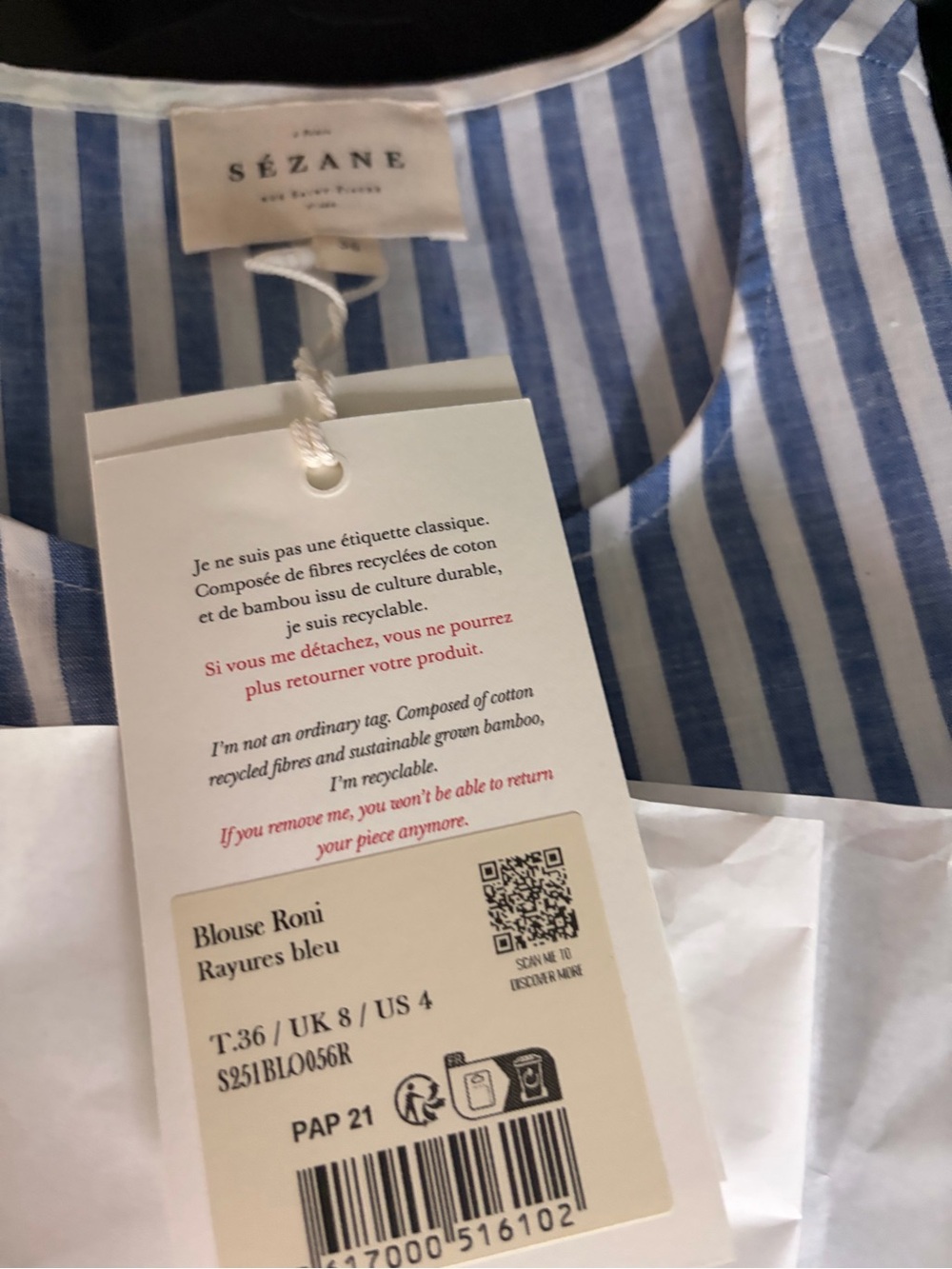 Sezane Blue and White Striped Sleeveless Button-Front Top - Picture 4 of 6